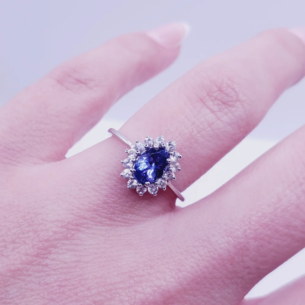 10k Solid White Gold Oval Tanzanite & Round White Topaz Halo Ring